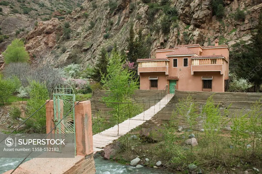 Morocco, Ourika_Valley, suspension bridge, Africa, North_Africa, place, house, residence, villa, buildings, architecture, river, riversides, gate, ent...