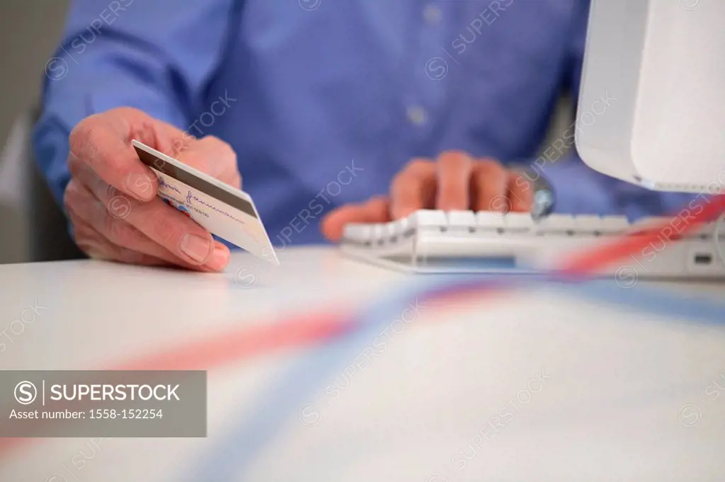 Senior, computers, credit card, holding, detail, hands, blur, series, people, seniors, man, pensioners, white_haired, surfing the web, internet, Onlin...