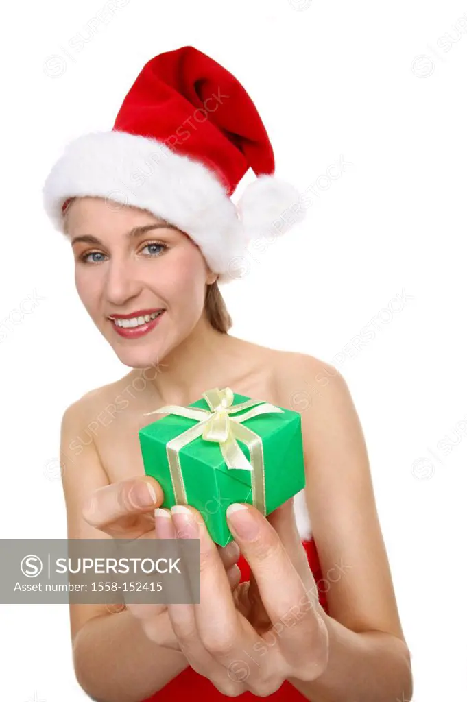 Christmas_woman, gift, shows, smiling, semi_portrait, people, woman, young, disguise, outfit, Santa Claus costume, christmassy, Christmas time, female...