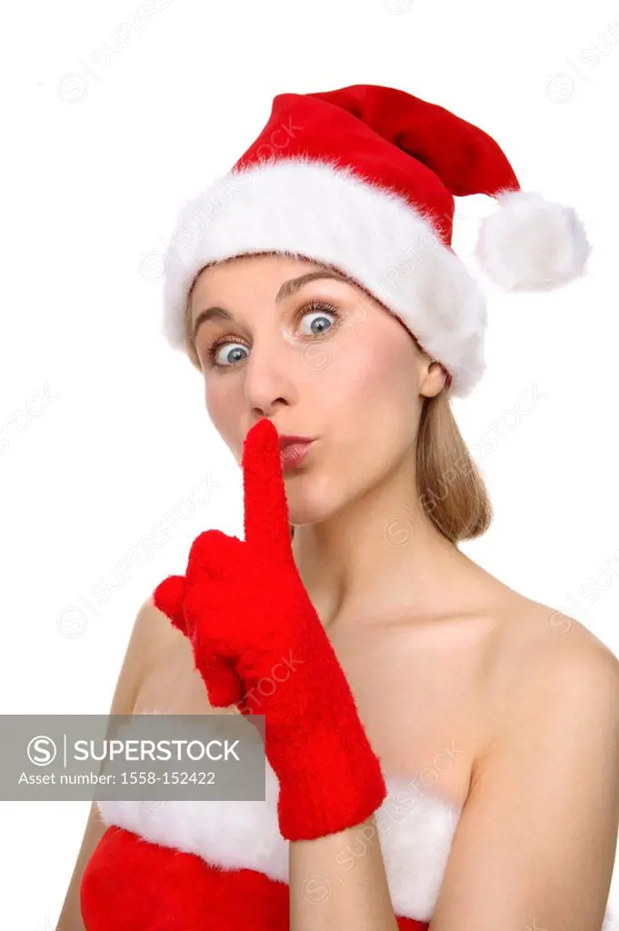 Christmas_woman, gesture, quietly, portrait, series, people, woman, disguise, outfit, Santa Claus costume, christmassy, Christmas time, female, Santa ...