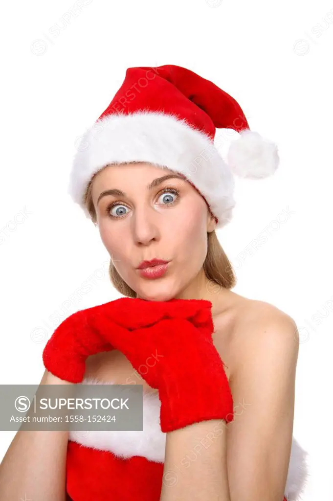 Is amazed Christmas_woman, facial expression, portrait, series, people, woman, disguise outfit Santa Claus costume, christmassy, Christmas time, femal...