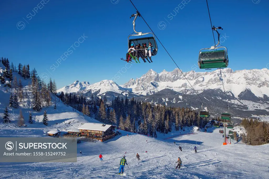 Austria, Styria, Liezen district, Schladming, Gleiming, Reiteralm, Reiteralm ski area, Seppn Jet, view to the Dachstein massif,