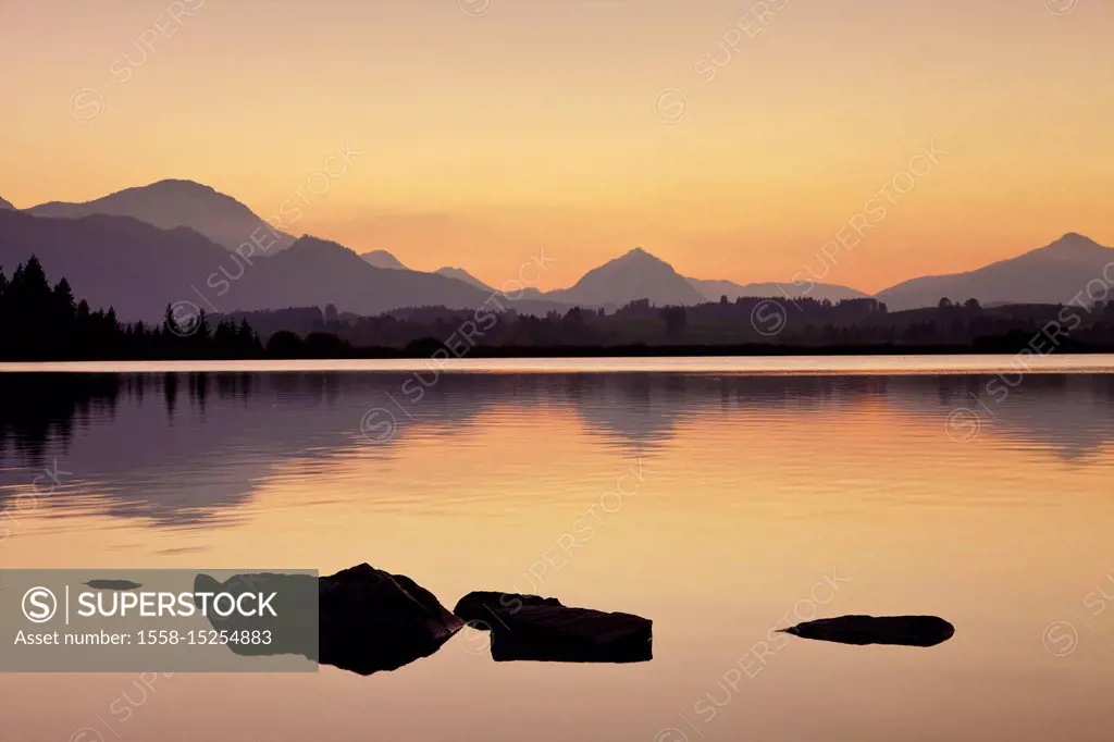 Sunset at a lake, Hopfensee, Ostallgäu, Upper Bavaria, Germany