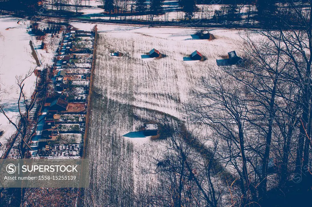 View from above, meadow, huts, gardens, winter
