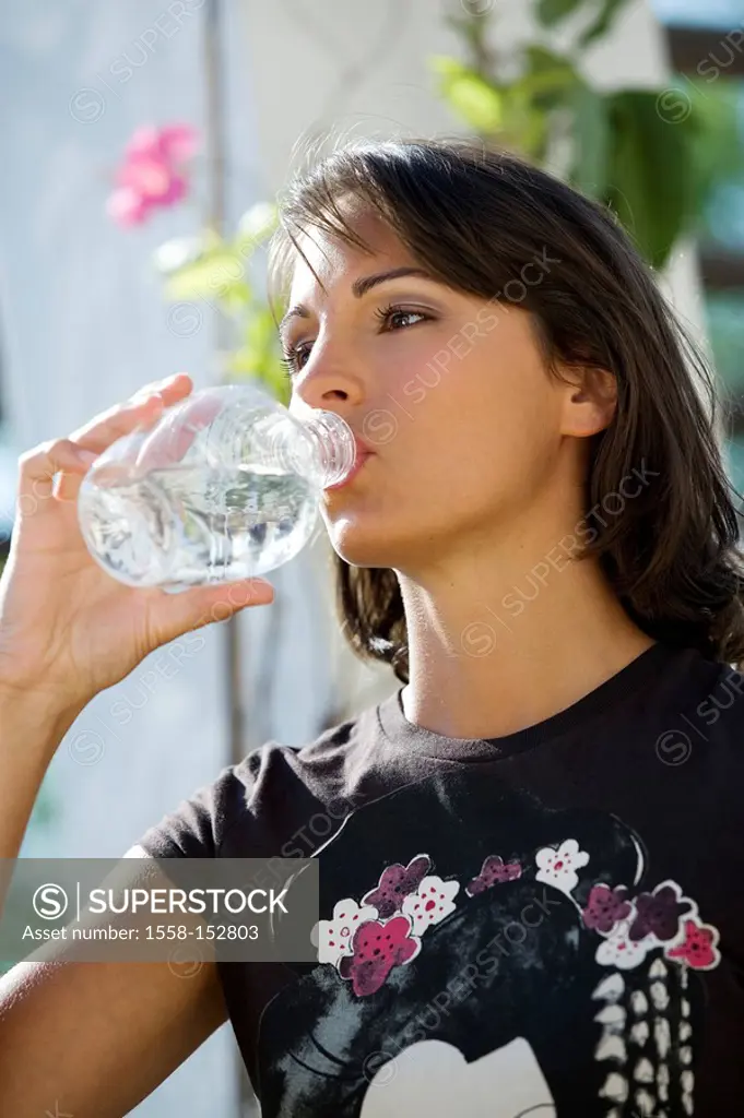 woman, young, water, bottle, drinks, outside, portrait,