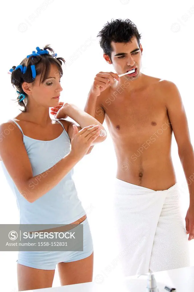 Mate, young, bathrooms, woman, man, Applying cream, on toothbrushing,