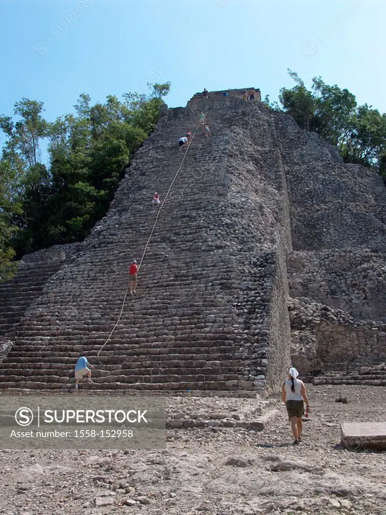 Mexico, Yucatan, Coba, temple_installation, ceremonial site, Nohoch Mul_pyramid, ruins, stairway, steps, tourists, maya_culture, Central America, ruin...