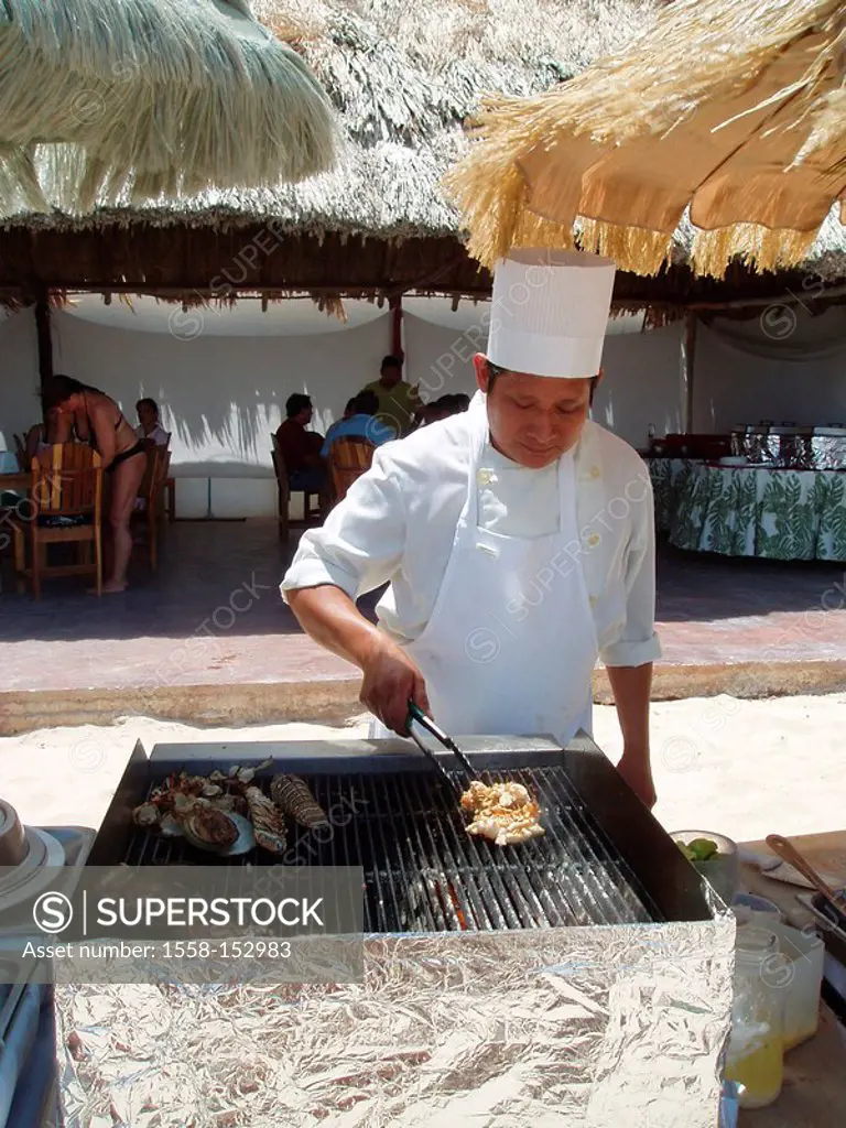 Mexico, Yucatan, restaurant, outside, cooking, foods, Lobster, preparation, Central America, grills vacation, trip tourism gastronomy food man, cooks,...