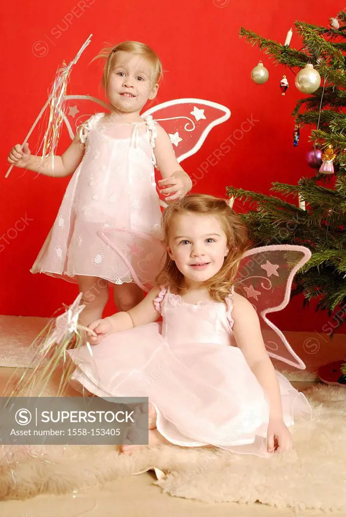 Christmas, girls, two, disguise, angels, star wand, cheerfully,