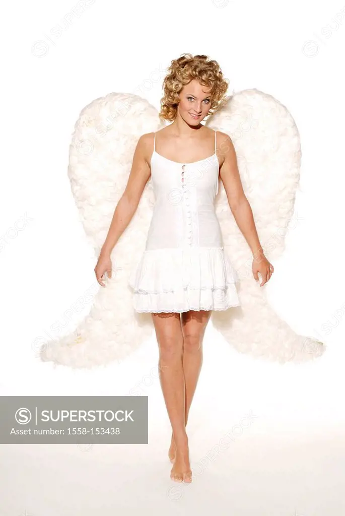 Woman, young, blond, angel wings, smile, cheerfully, dress, barefoot,