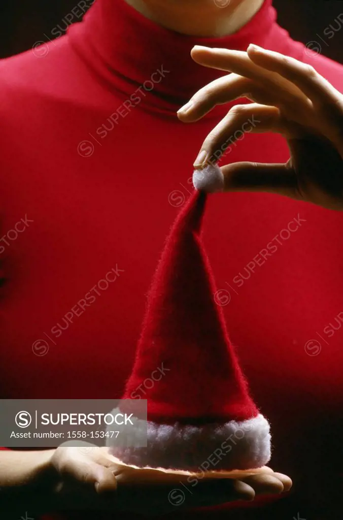 Woman, turtlenecks, red, mini Santa Claus cap, hold, detail,