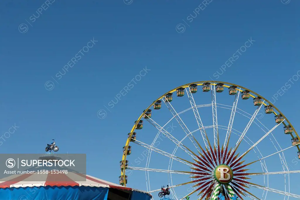 Ferris, cabins, metal rods, tent, motorcycle, sky, blue,