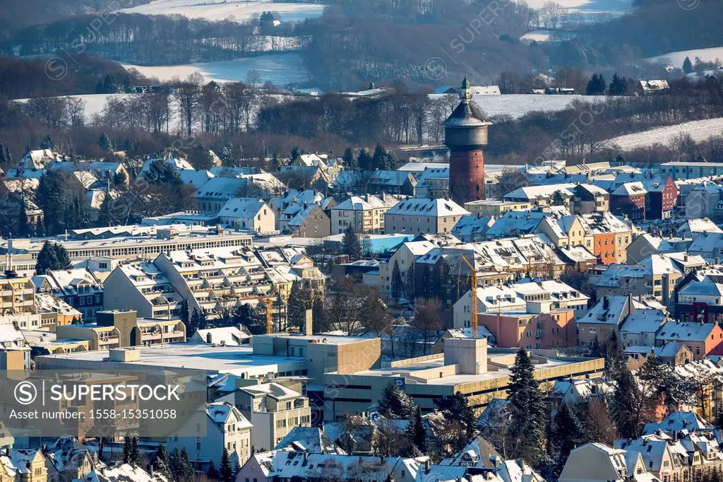 View of Velbert with historic water tower, winter, snow, Velbert, Ruhr area, North Rhine-Westphalia, Germany
