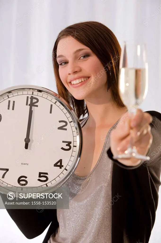 hold, woman, young, saucy, clock, champagne glass, half portrait, broached, fuzziness,
