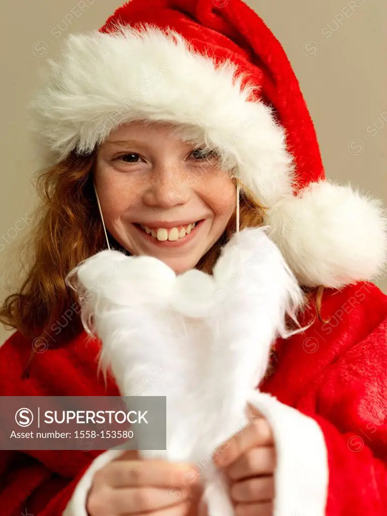 Girls, redhaired, Santa Claus outfit, beard, pull down, cheerfully, smile, portrait,