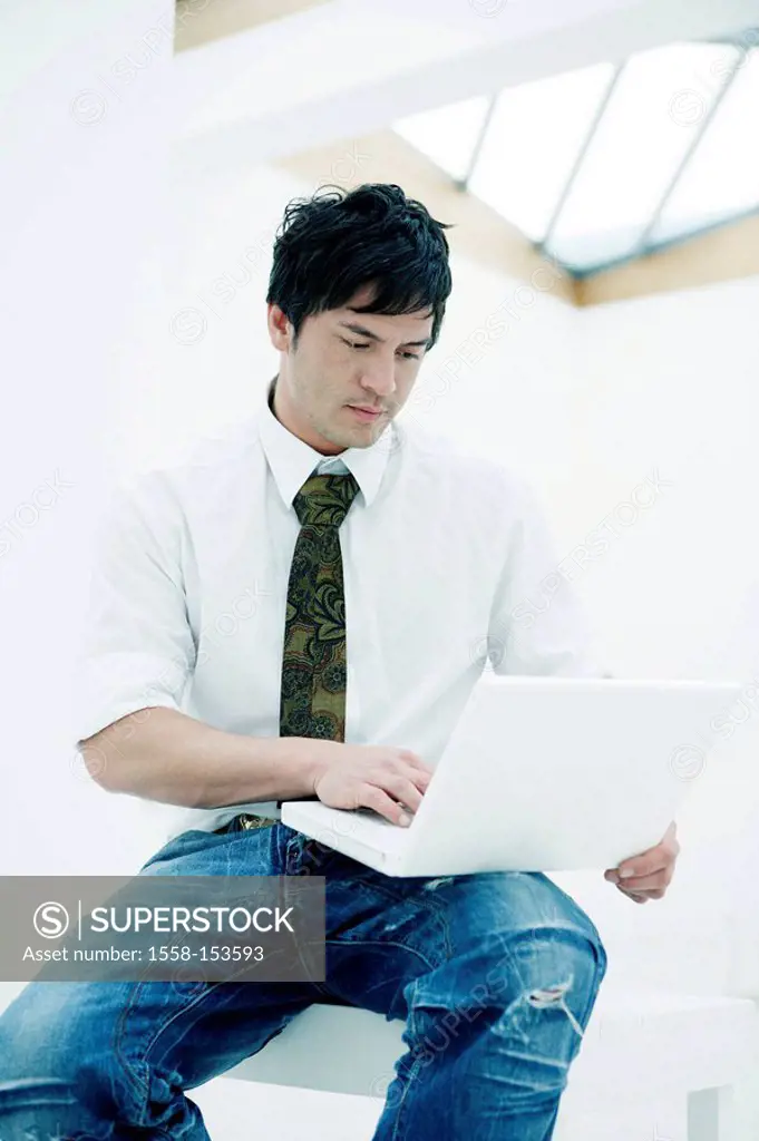 man, young, sitting, easygoing, laptop, data input