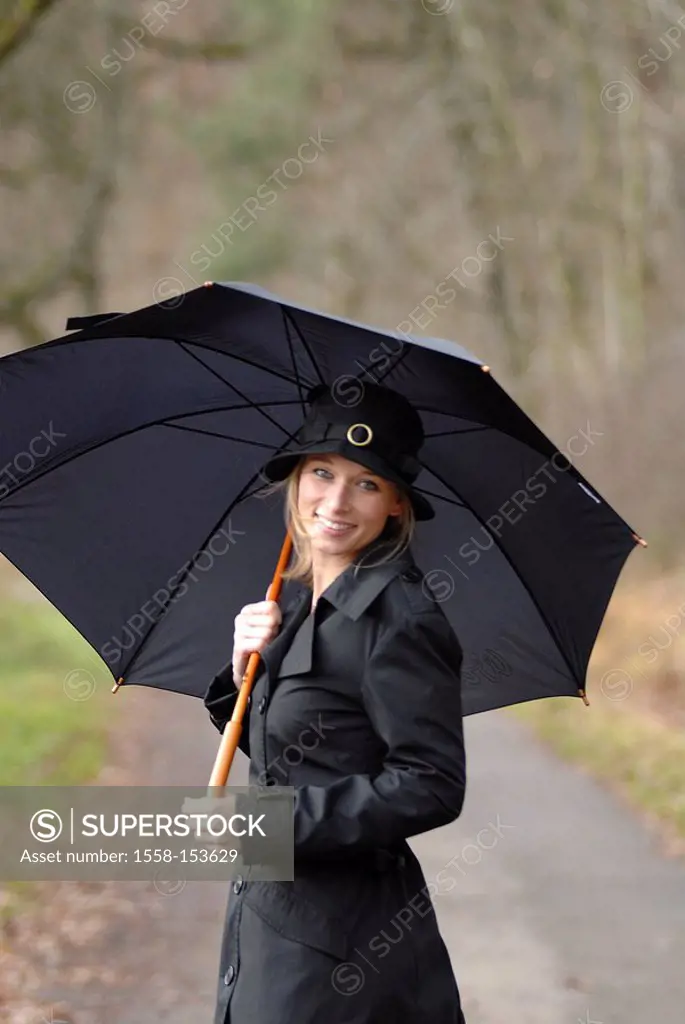 Woman, young, rainwear, umbrella, walking, autumn,