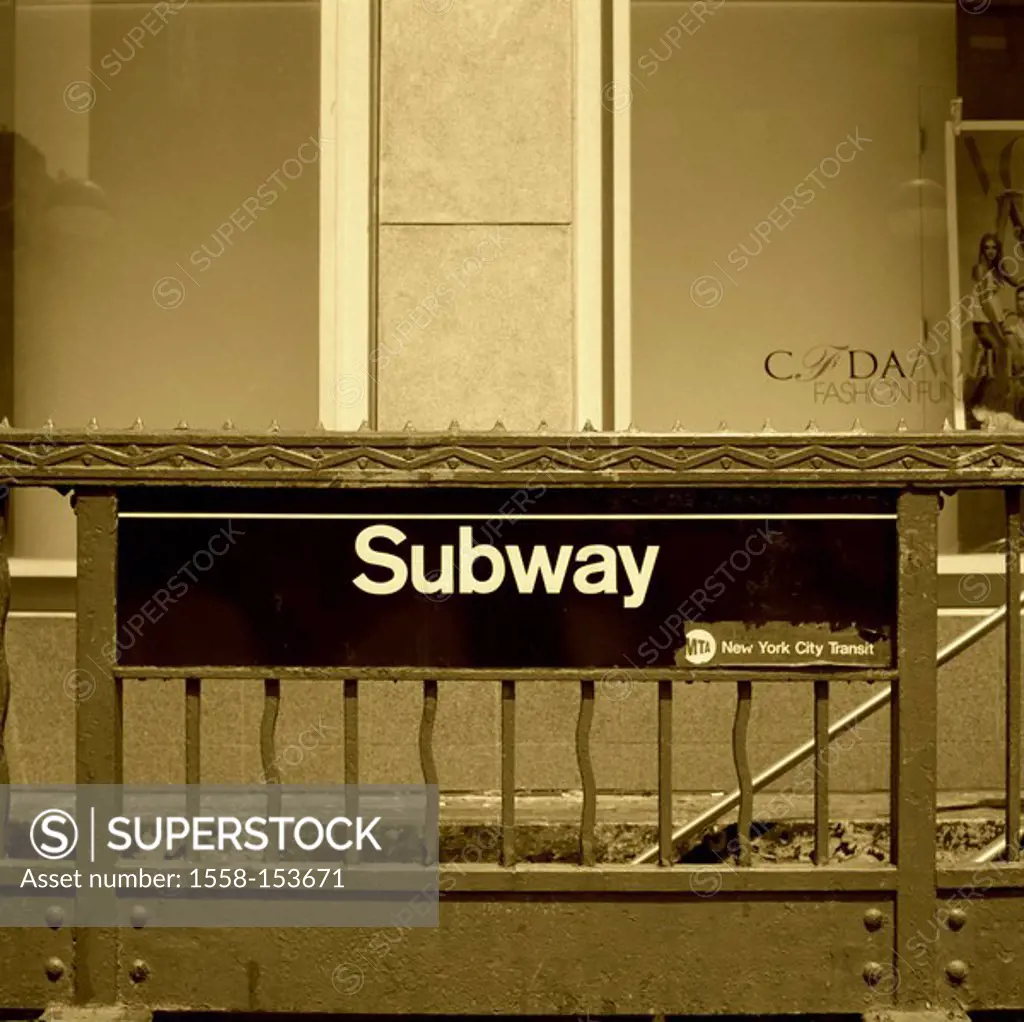 USA, New York city, railing, sign, Subway,