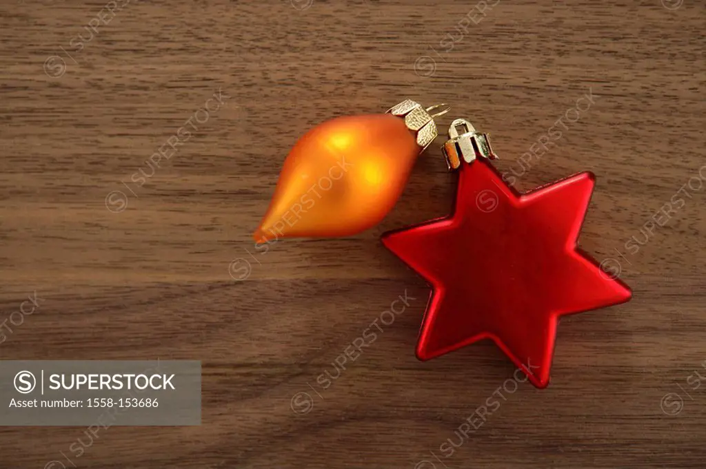 Christmas ball, star, wood table,