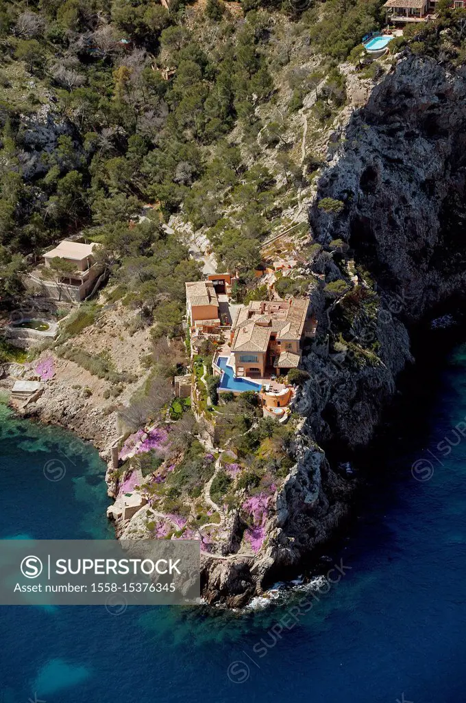 Mallorca, Port d`Andratx, bay, Sa Mola peninsula, house on the headland at the end of the bay, aerial view,