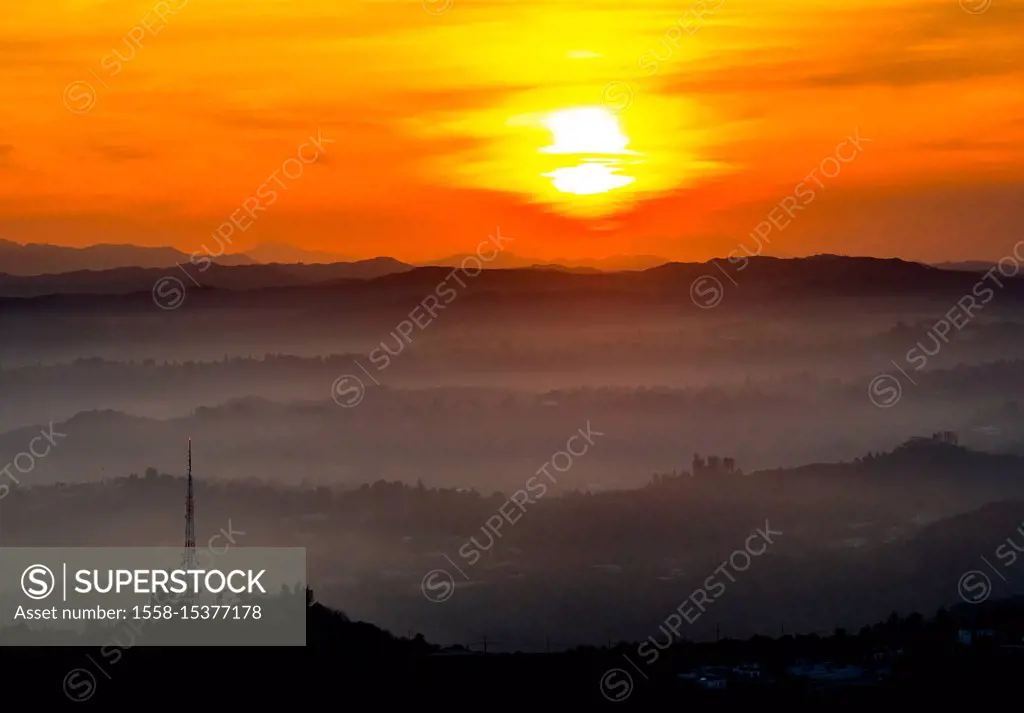 Sunset over the Hollywood Hills, Los Angeles, Los Angeles County, California, USA