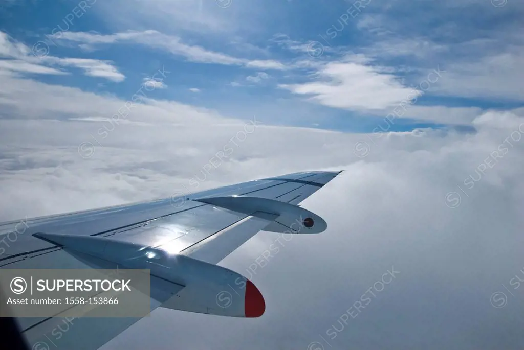 Airplane, detail, wing, clouds, aerofoil,