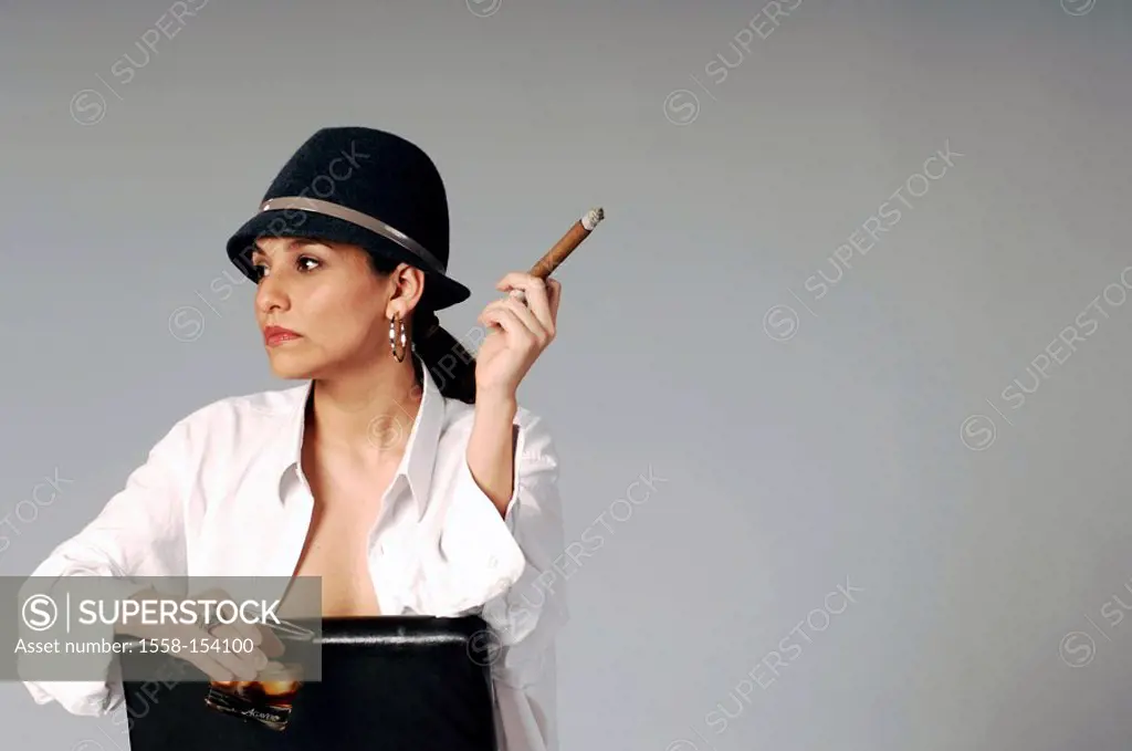 Woman, young, hat, cigar, whiskey glass, holding, chair, sitting, Lascivious, ,