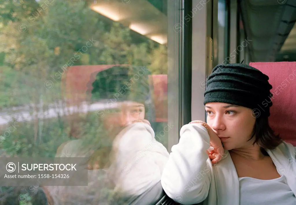 Train cabin, cabin, girl, sit, look window, portrait, ,
