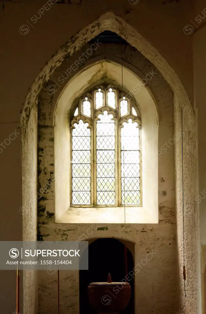 Great Britain, Devon, Ashprington, church, window, walls, mildewed,