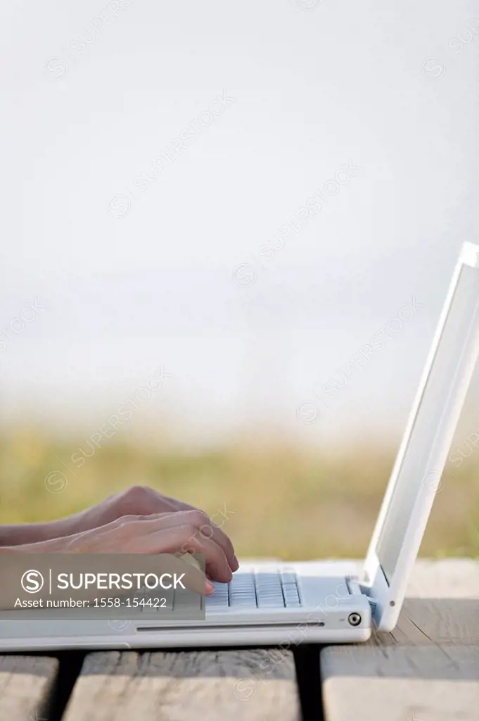 Woman, hands, laptop, sea, beach, close_up, detail,
