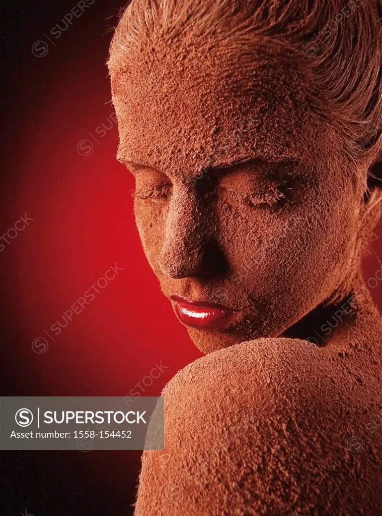 Woman, young, color powder, face, body, portrait, sensual, red, brown,