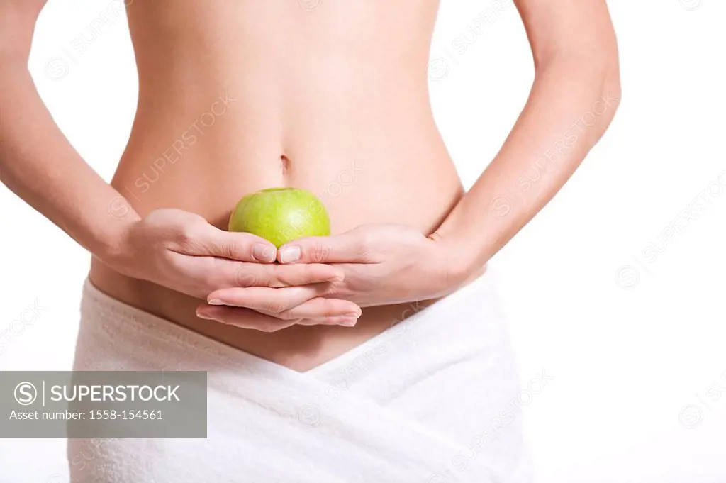 Woman, body, slim, towel, standing, apple, holding, detail, stomach, ,
