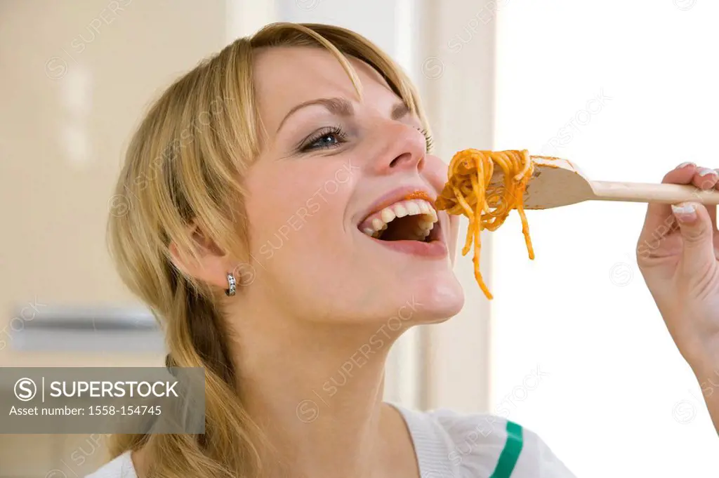 Kitchen, woman, young, cook, noodles, try, cheerful,