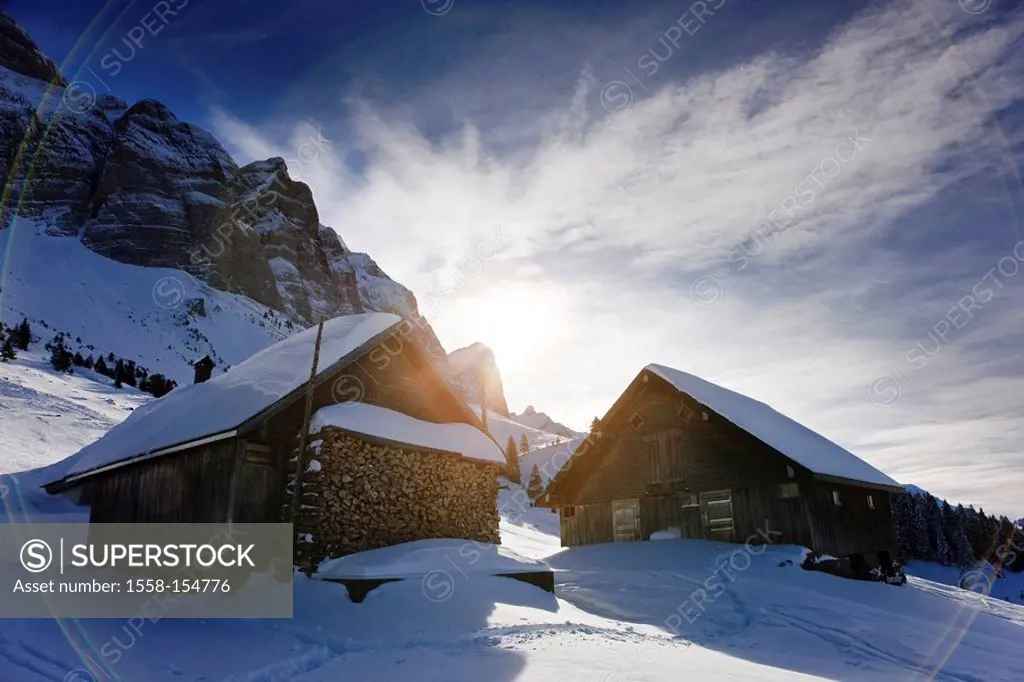 Switzerland, Alpstein, Saentis, wood cottages, winter,