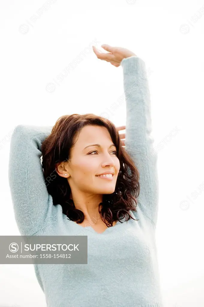 Woman, brunette, gesture, smile, stretch, half portrait, ,