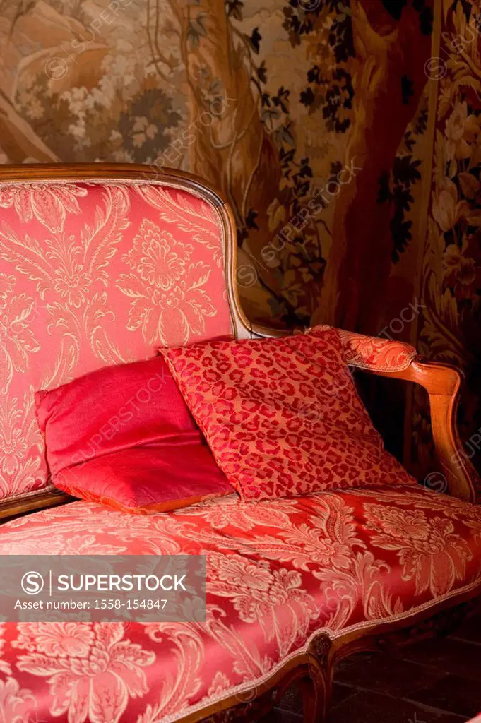 Gobelin, sofa, sofa pillows, red, detail,