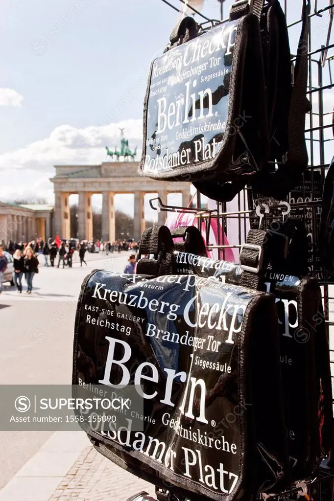 Germany, Berlin, Pariser Platz, Brandenburg gate, souvenir sale, handbags,
