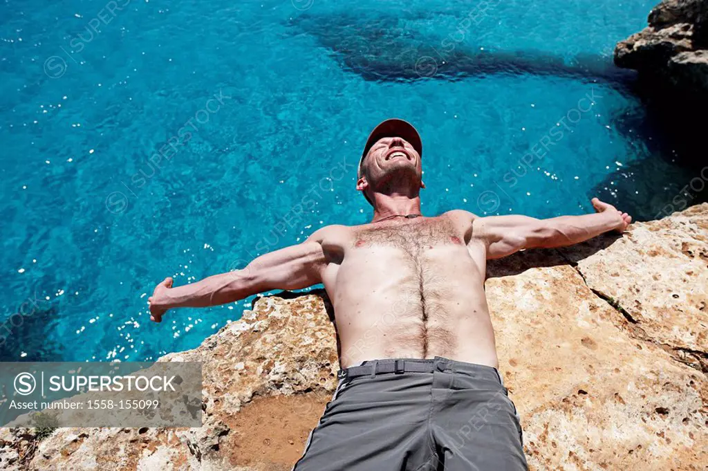 Toni Lamprecht, Spain, Majorca, Deep Water Soloing, rock, floor, lie, sea,