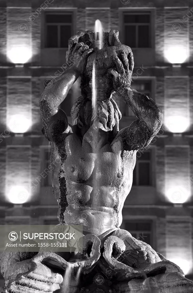 Italy, Rome, fountain, Fontana del Tritone, fountain figure, sea God, detail, lighting, night, s/w,