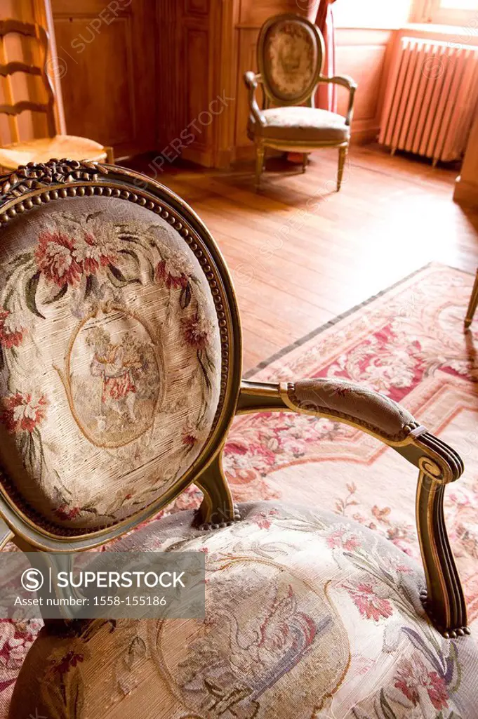 Chateau de Pramenoux, room, Gobelin chairs,