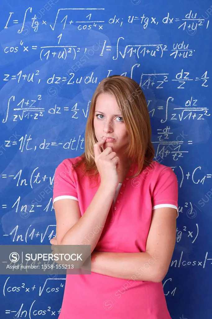 Mathematics, student, thoughtful, school blackboard, task, half portrait,