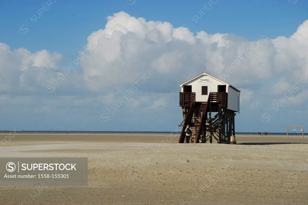 Germany, Schleswig_Holstein, St. Peter Ording, beach, wideness, coast, post construction, toilet house,