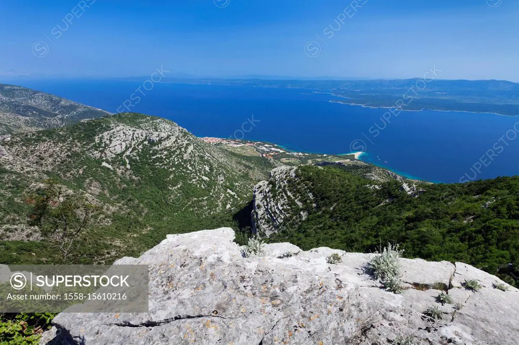 View of the Vidova Gora on Bol, the Golden Horn and the island Hvar, island Brac, Dalmatia, Croatia