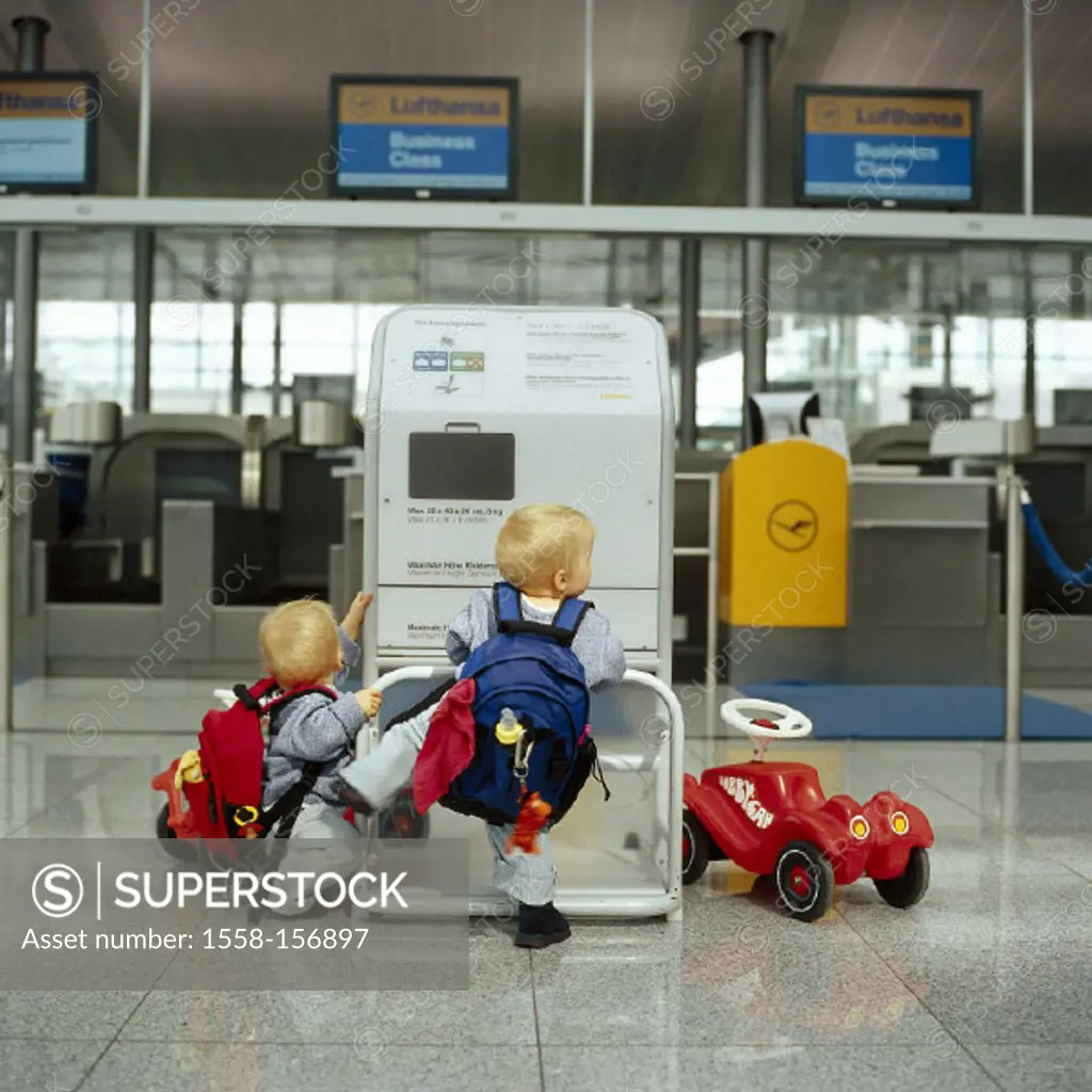 Airport building, toddler, backpack