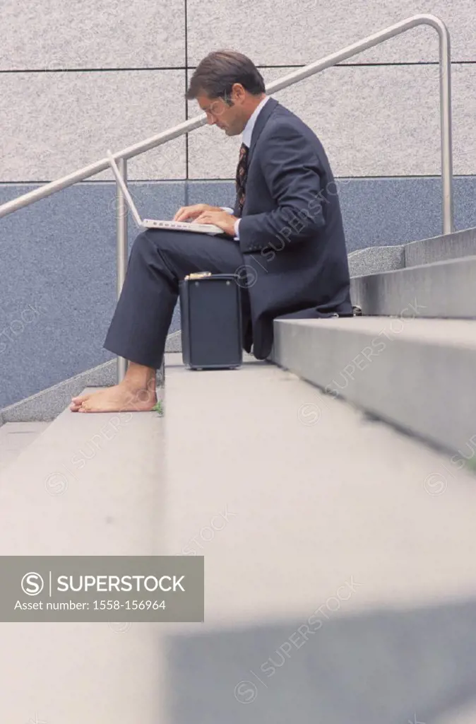 Stairway, businessman, barefoot