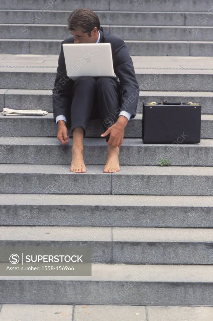 Stairway, businessman, barefoot