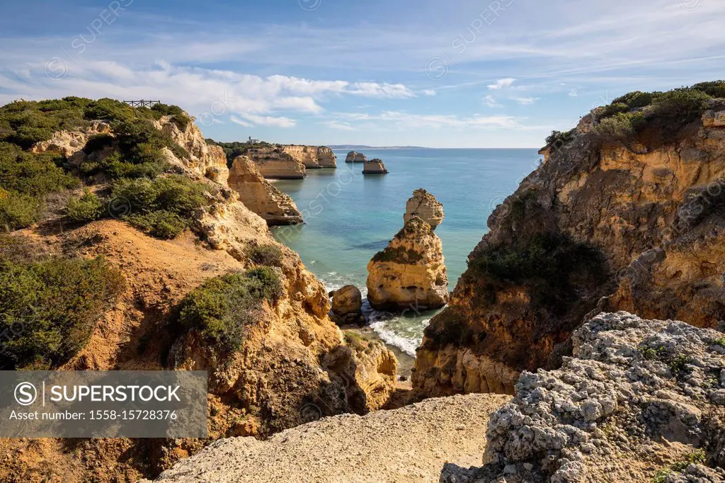 Rocky coast at Praia da Marinha, Lagoa, Algarve, Faro district, Portugal