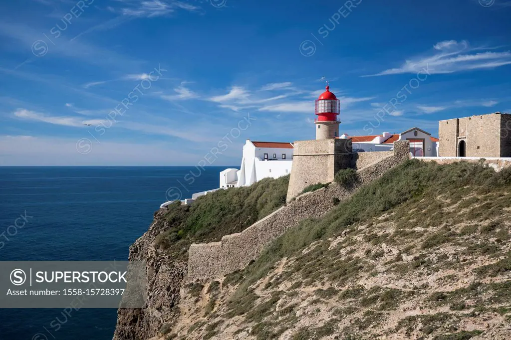 Lighthouse at the Cape of Sao Vicente at the most south-western point of mainland Europe, Costa Vicentina, Sagres, Algarve, Faro district, Portugal