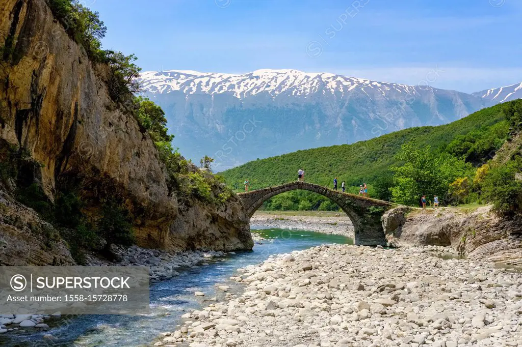 Ottoman stone arch bridge Ura e Kadiut, also Ura e Katiut, River Lengarica, Lengaricë, near Permet, National Park Hotova-Dangell, behind the Nemërçka ...