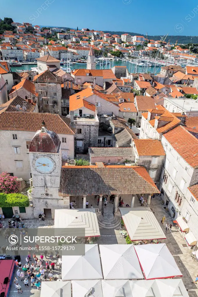 View from the St.Laurentius Cathedral over the main square to the clock tower and city loggia, Trogir, UNESCO World Heritage Site, Dalmatia, Croatia
